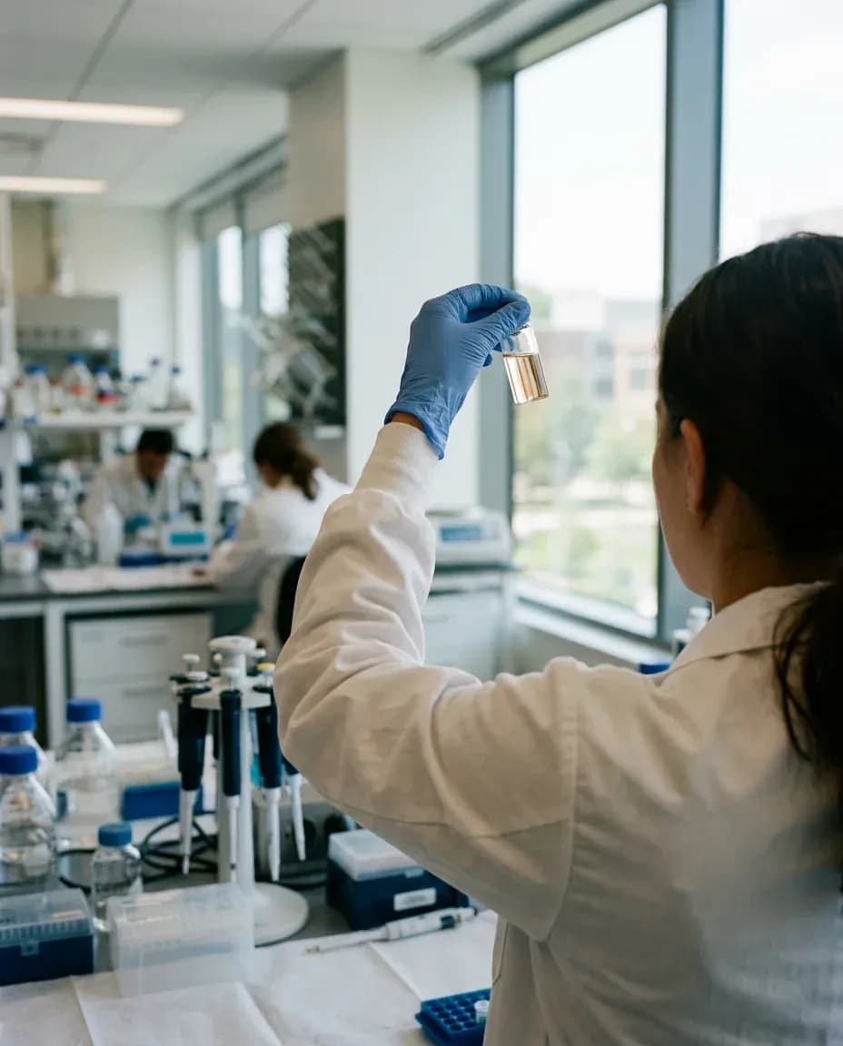 Laboratoriyada tədqiqatçı nümunə şüşəsini işığa tutub yoxlayır